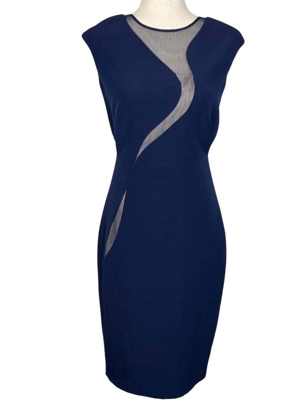 JAX BLACK LABEL Sleeveless Pencil Dress Blue with Nude Illusion Cutout Sz 2 EUC